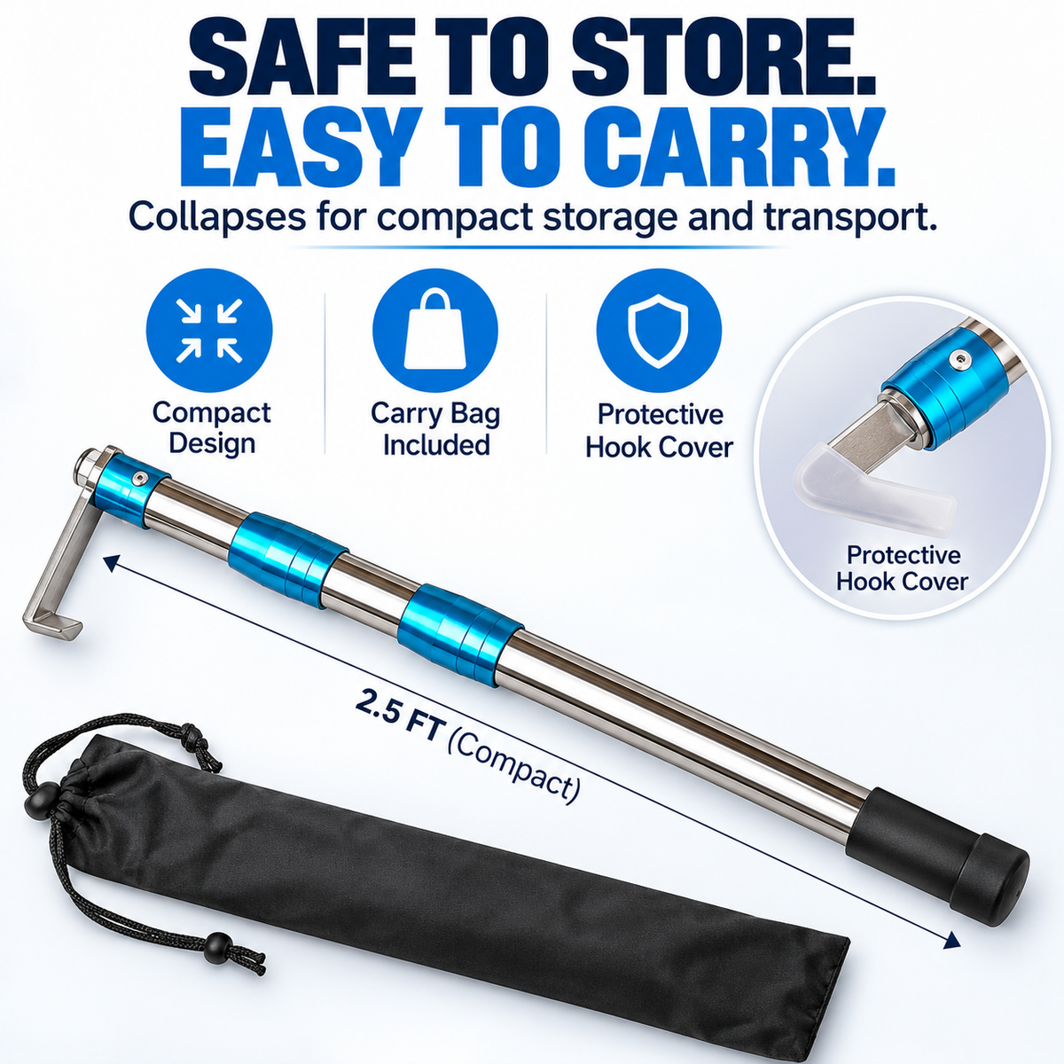 6.3 Ft Telescopic Cargo Grabber & Retriever – Adjustable Dual-Hook Pulling Tool for Pickup Trucks, Boats & Garages