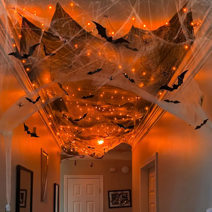 Halloween Spider Web Decorations with 32FT String Lights, 300 sqft Stretch Cobwebs, Black Creepy Cloth, Fake Bats and Spiders for Indoor Outdoor Yard Doorway Entryway Decor