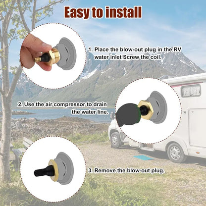 Brass RV Blowout Plug with Air Valve – Water Line Winterizing & Maintenance Adapter