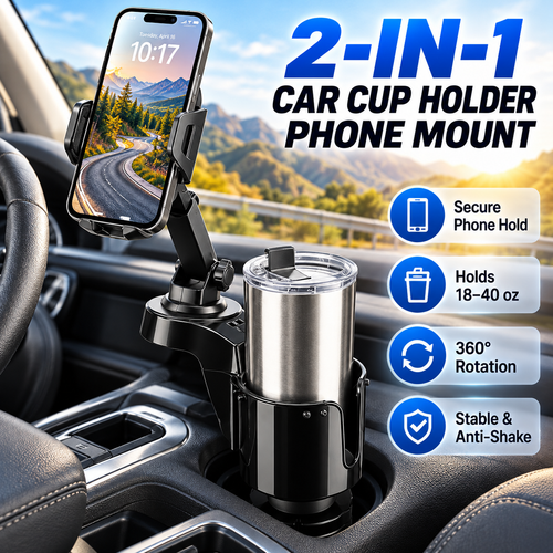2-in-1 Car Cup Holder Phone Mount – 360° Adjustable Phone Stand & Drink Holder