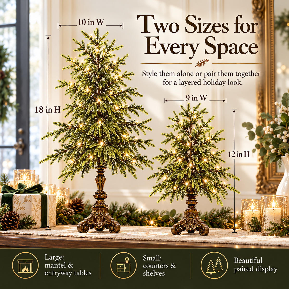 Vintage Lighted Norfolk Pine Trees – Warm White LED Christmas Tabletop Decor, 12″ & 18″