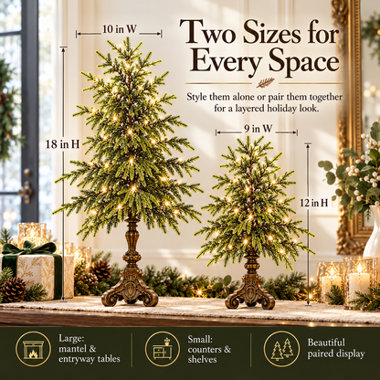 Vintage Lighted Norfolk Pine Trees – Warm White LED Christmas Tabletop Decor, 12″ & 18″