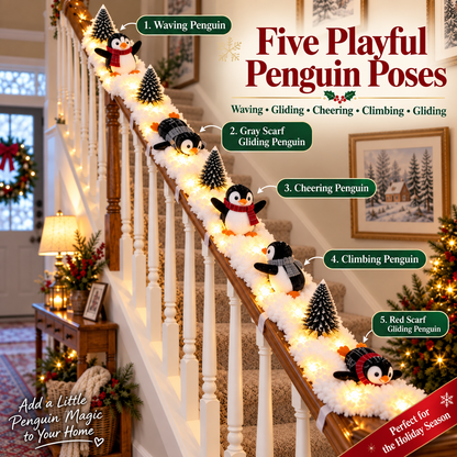Playful Penguin Snowy Stair Railing Decor