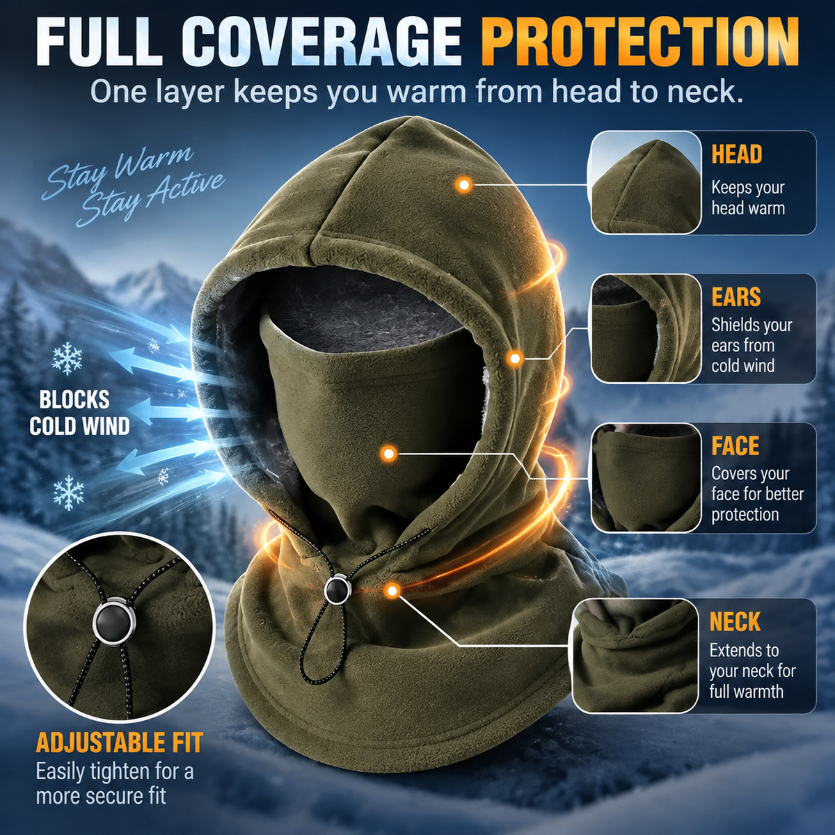 🥶 Fleece Balaclava Hood – Full Face & Neck Winter Protection Unisex Hood For Men & Women