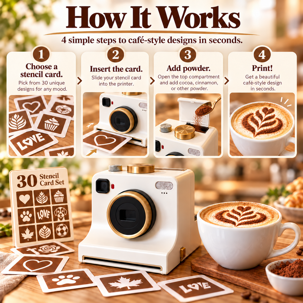 Rechargeable Coffee Art Printer – 30-Design Latte Stencil Maker for Cappuccino, Matcha & Hot Chocolate