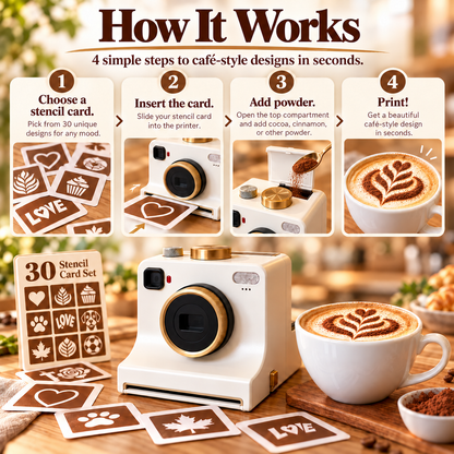 Rechargeable Coffee Art Printer – 30-Design Latte Stencil Maker for Cappuccino, Matcha & Hot Chocolate