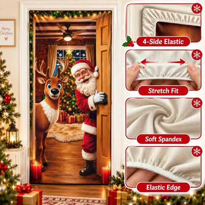 Christmas Door Cover - Stretch Fit Santa & Reindeer Door Decoration with 4-Side Elastic Edges🎅