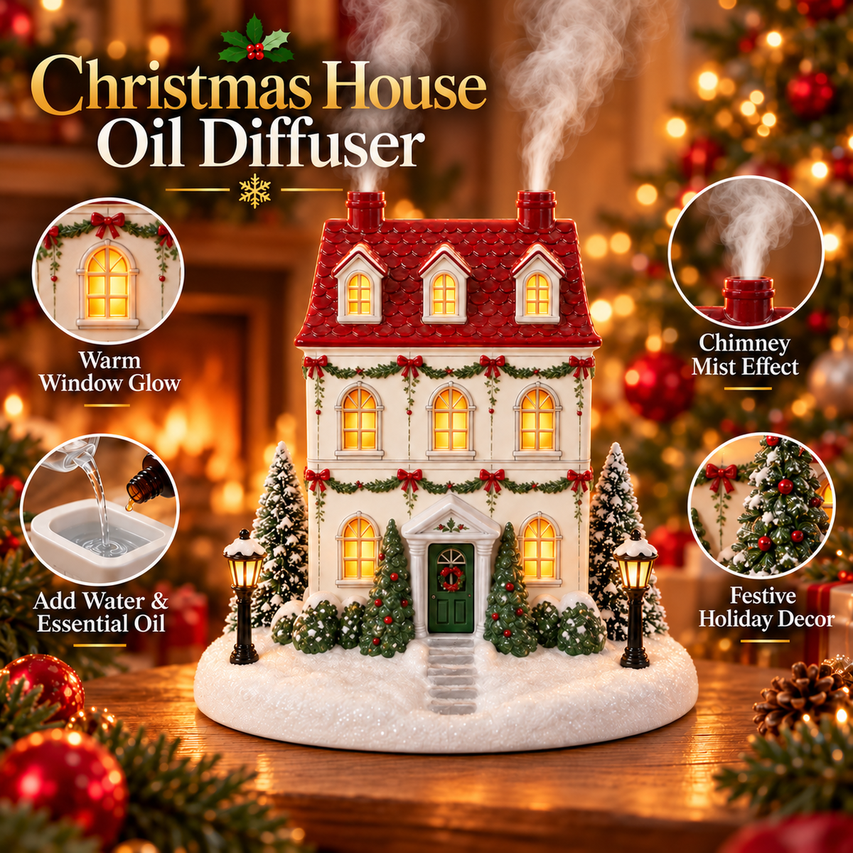 Christmas House Aroma Diffuser – Light-Up Holiday Humidifier with Chimney Mist & Warm Window Glow
