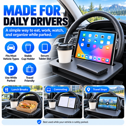 2-in-1 Car Steering Wheel Desk & Seat Gap Organizer – Reversible Laptop Tray and Meal Holder