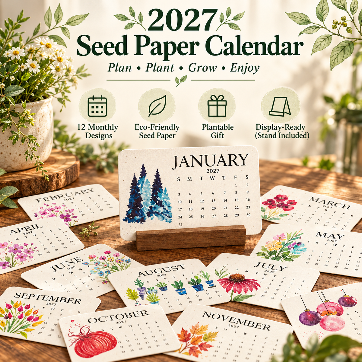 2027 Plantable Seed Paper Calendar With wooden bracket– 12-Month Botanical Desk Calendar, Eco-Friendly Gardening Gift