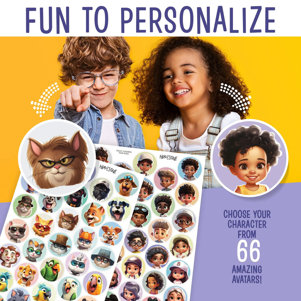 Children personalizing a daily chore chart with character avatar stickers
