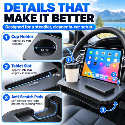 2-in-1 Car Steering Wheel Desk & Seat Gap Organizer – Reversible Laptop Tray and Meal Holder