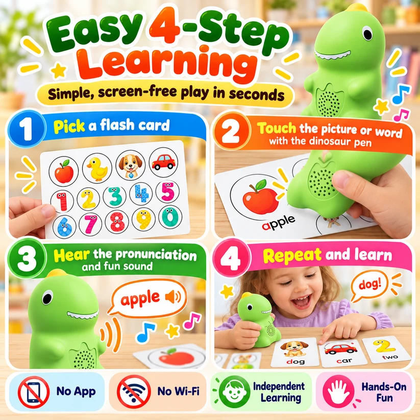 🦖 Dinosaur Talking Learning Pen with Phonics Cards – Screen-Free ABC, 123, Sight Words & Vocabulary Learning Toy for Kids