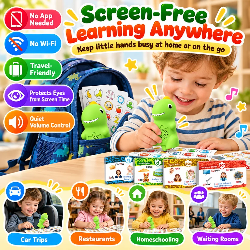 🦖 Dinosaur Talking Learning Pen with Phonics Cards – Screen-Free ABC, 123, Sight Words & Vocabulary Learning Toy for Kids