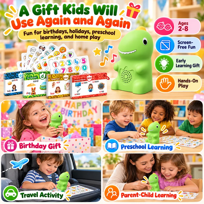 🦖 Dinosaur Talking Learning Pen with Phonics Cards – Screen-Free ABC, 123, Sight Words & Vocabulary Learning Toy for Kids