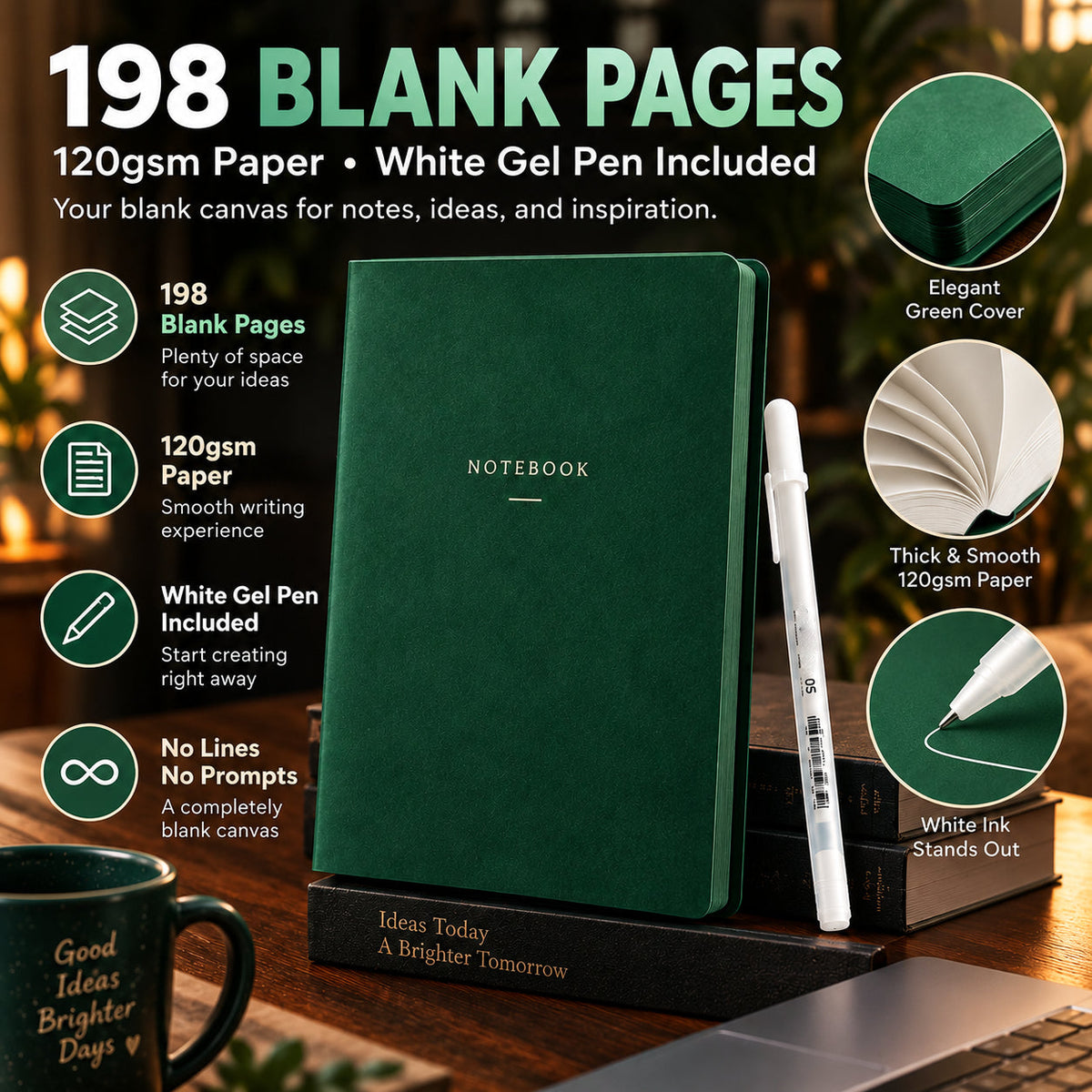🔥Last Day 50% OFF💚 Deep Green Blank Notebook with White Gel Pen | Aesthetic Writing & Sketch Journal