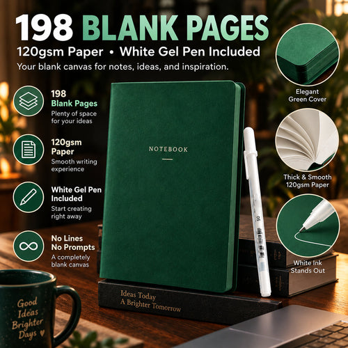 🔥Last Day 50% OFF💚 Deep Green Blank Notebook with White Gel Pen | Aesthetic Writing & Sketch Journal