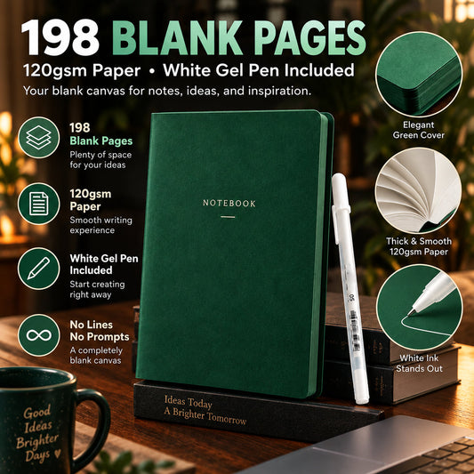 🔥Last Day 50% OFF💚 Deep Green Blank Notebook with White Gel Pen | Aesthetic Writing & Sketch Journal