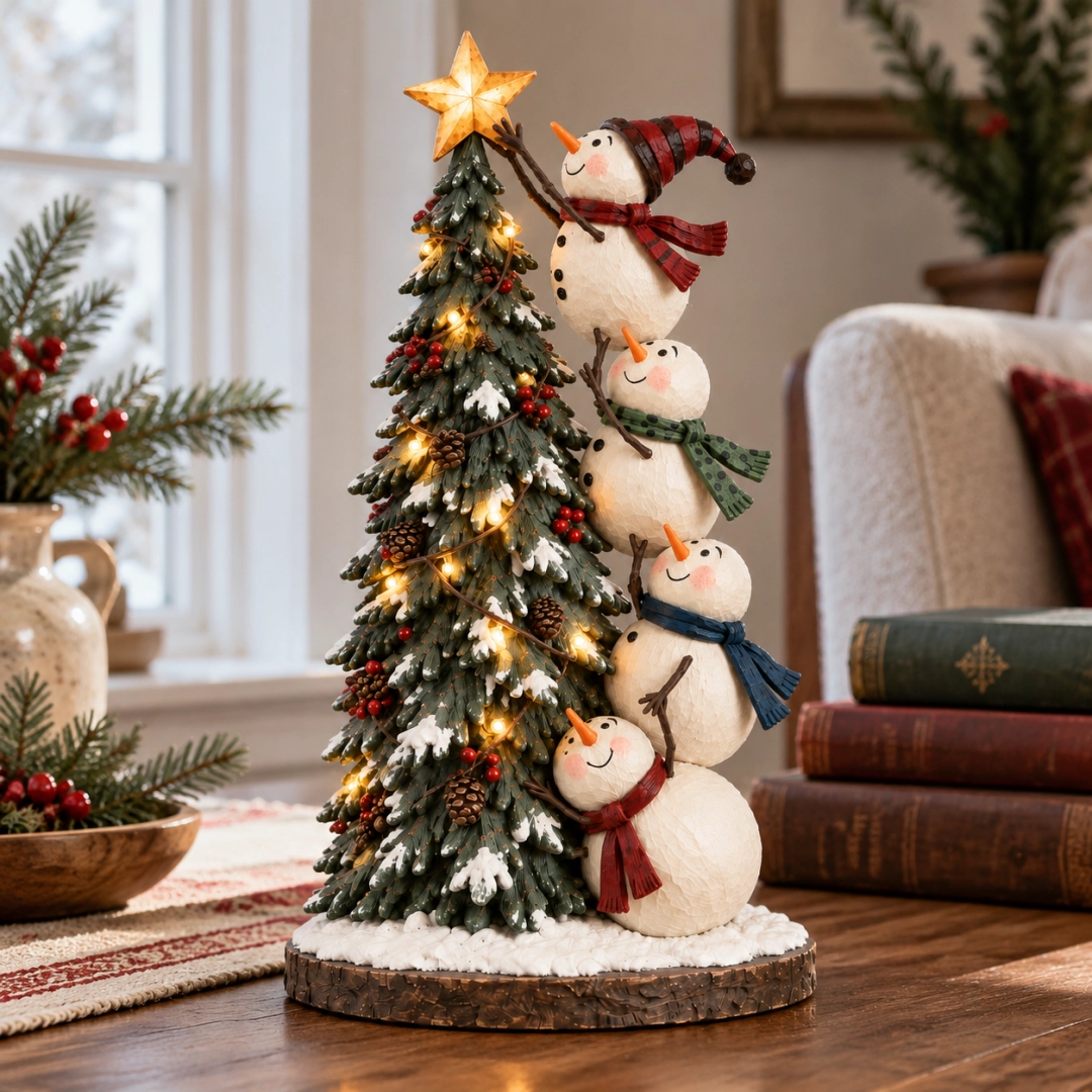 ☃️🎄Snowmen Topping the Christmas Tree – Lighted Christmas Figurine