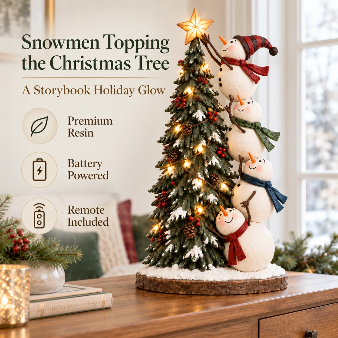 ☃️🎄Snowmen Topping the Christmas Tree – Lighted Christmas Figurine