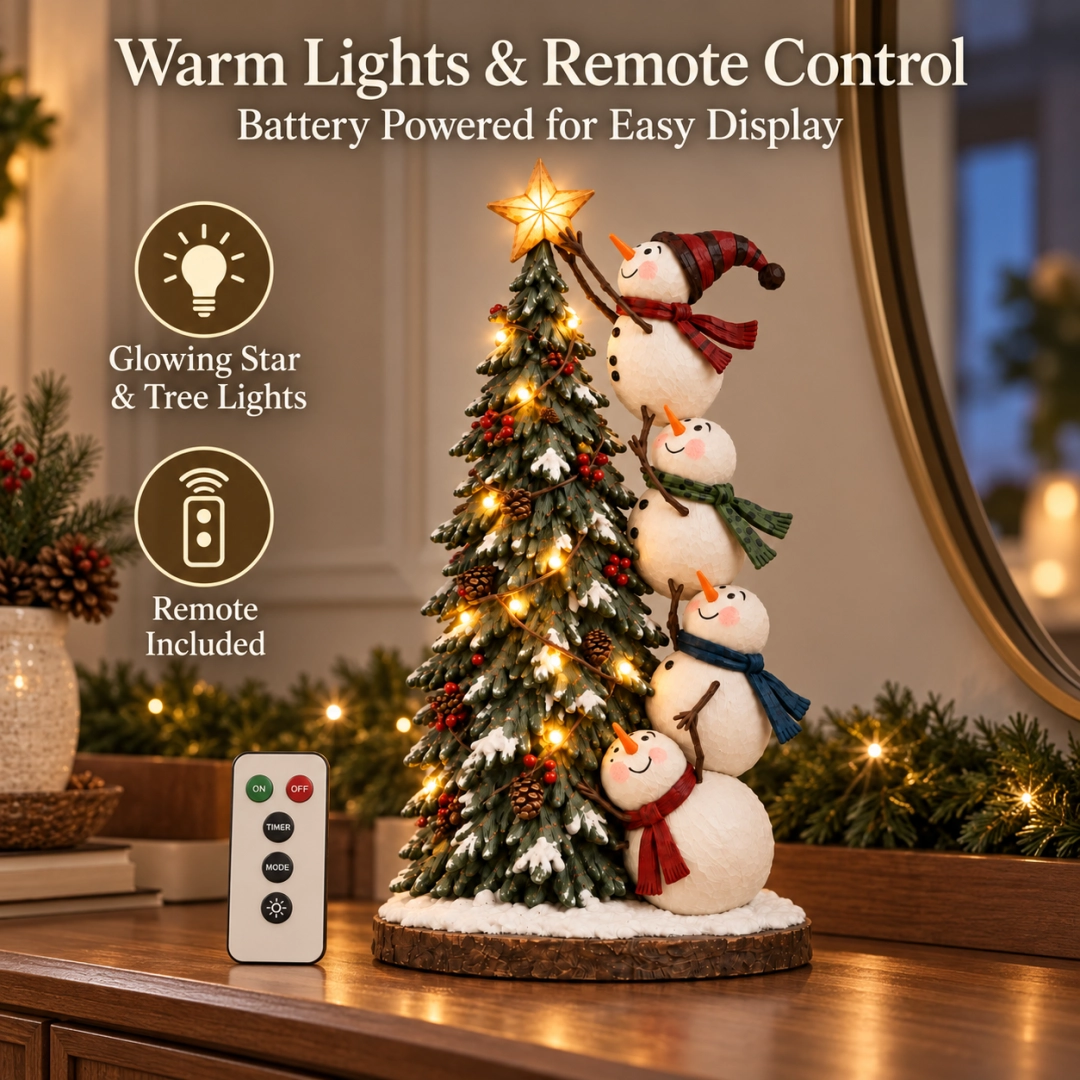 ☃️🎄Snowmen Topping the Christmas Tree – Lighted Christmas Figurine