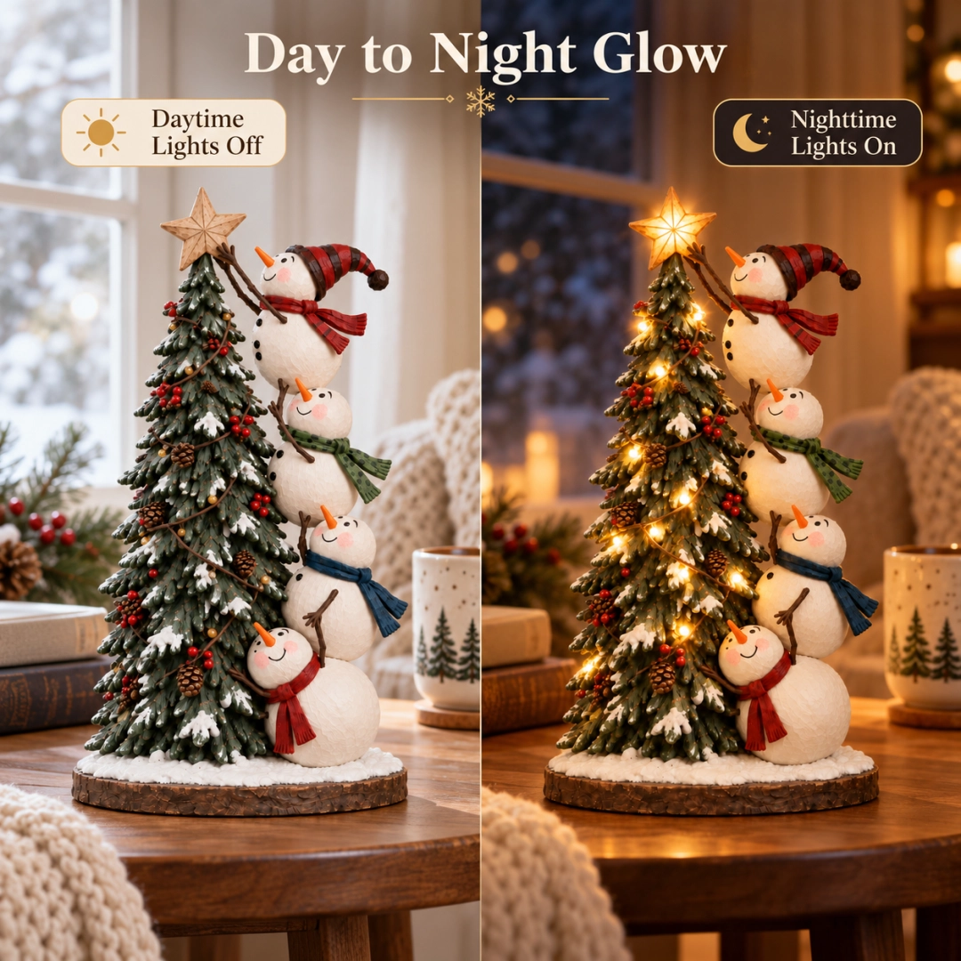 ☃️🎄Snowmen Topping the Christmas Tree – Lighted Christmas Figurine