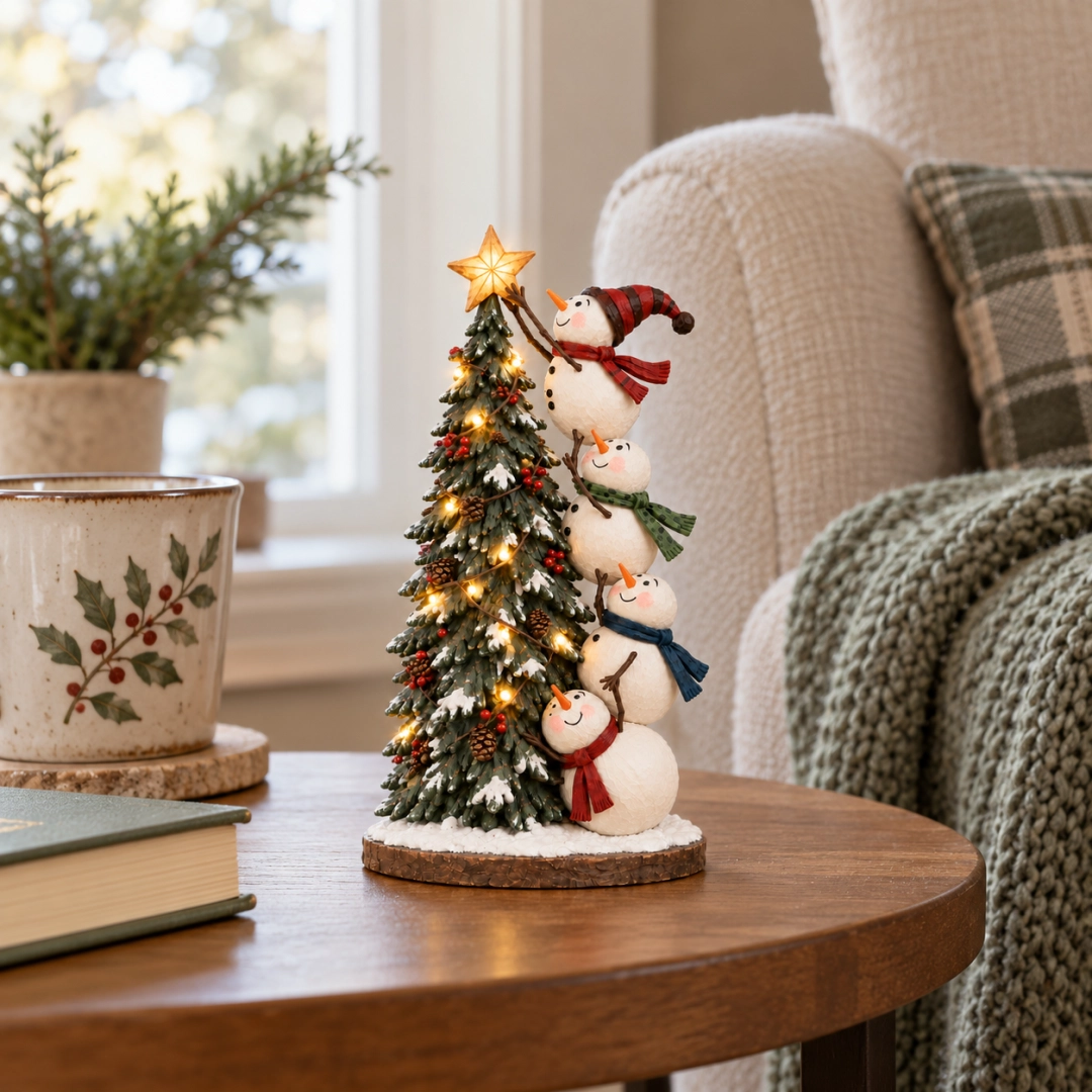 ☃️🎄Snowmen Topping the Christmas Tree – Lighted Christmas Figurine