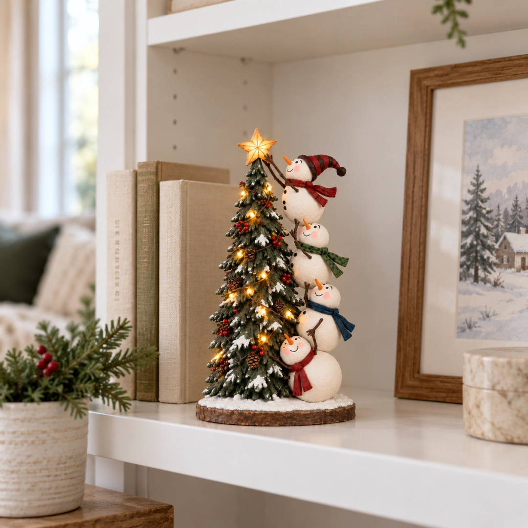 ☃️🎄Snowmen Topping the Christmas Tree – Lighted Christmas Figurine