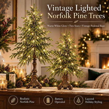 Vintage Lighted Norfolk Pine Trees – Warm White LED Christmas Tabletop Decor, 12″ & 18″