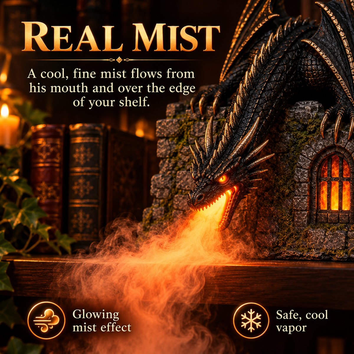 Dragon Castle Mist Humidifier – Glowing Flame Effect, Illuminated Castle Window & 6-Hour Mist Display