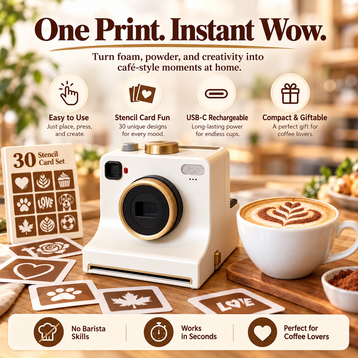 Rechargeable Coffee Art Printer – 30-Design Latte Stencil Maker for Cappuccino, Matcha & Hot Chocolate