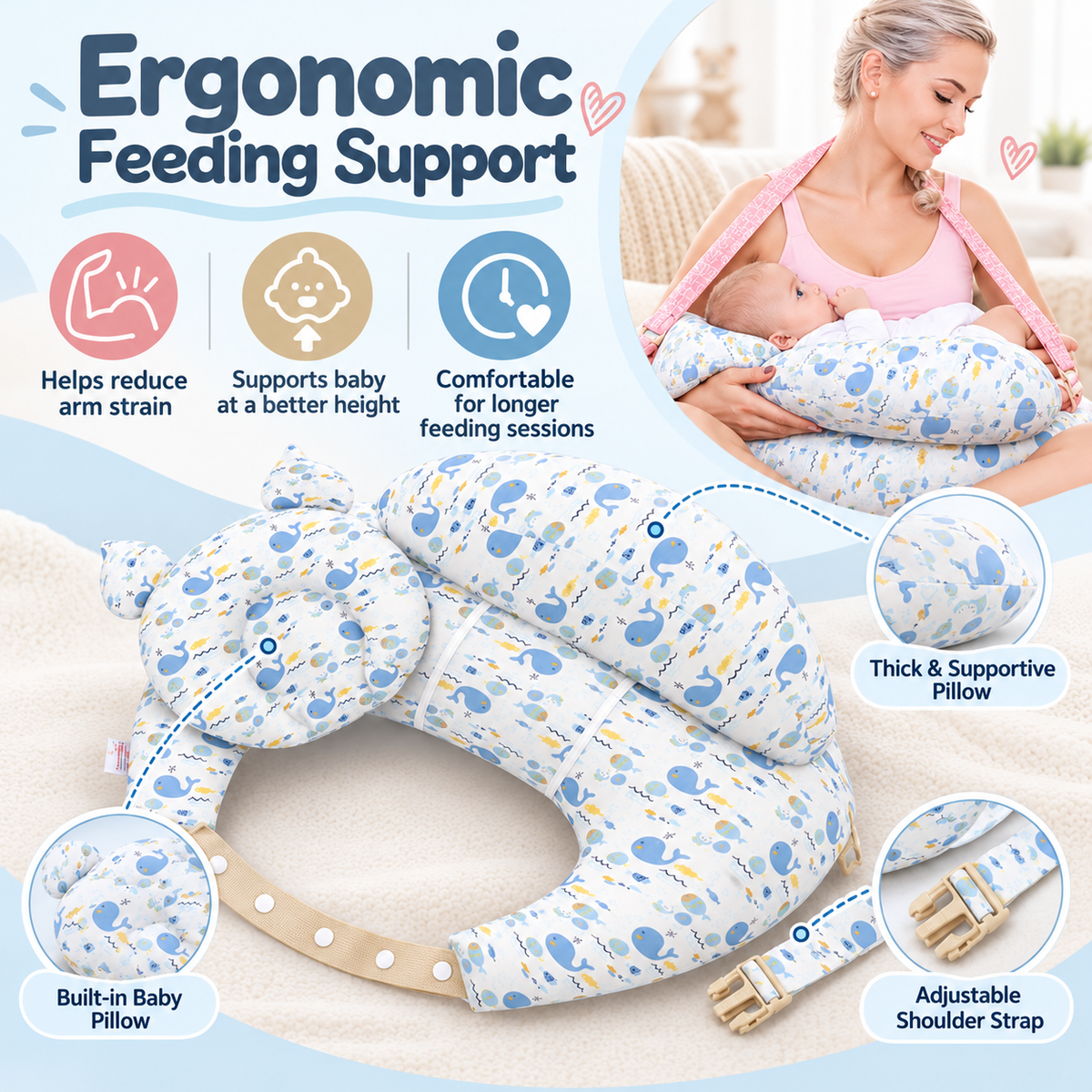 🔥Last Day 50% OFF-Ergonomic Nursing Pillow with Adjustable Shoulder Strap – Comfortable Breastfeeding & Bottle Feeding Support for New Moms