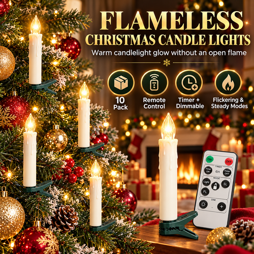 10-Pack Flameless Christmas Candle Clip Lights – Remote-Controlled Dimmable LED Tree Candles with Timer & Flickering Mode