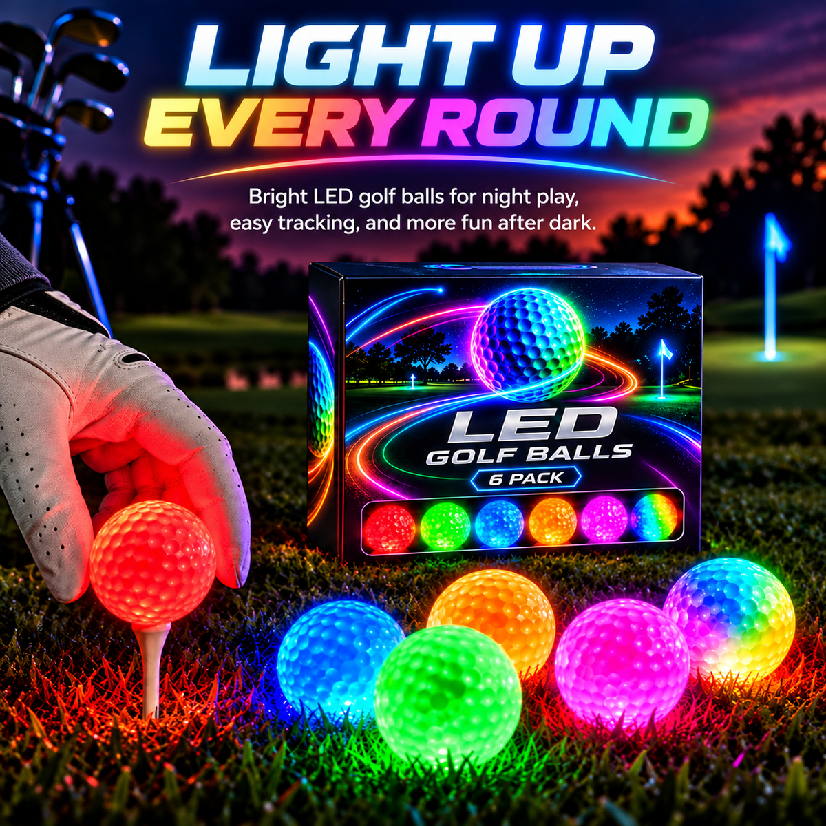 Impact-Activated LED Golf Balls 6-Pack – Multicolor Light-Up Golf Balls for Night Golf