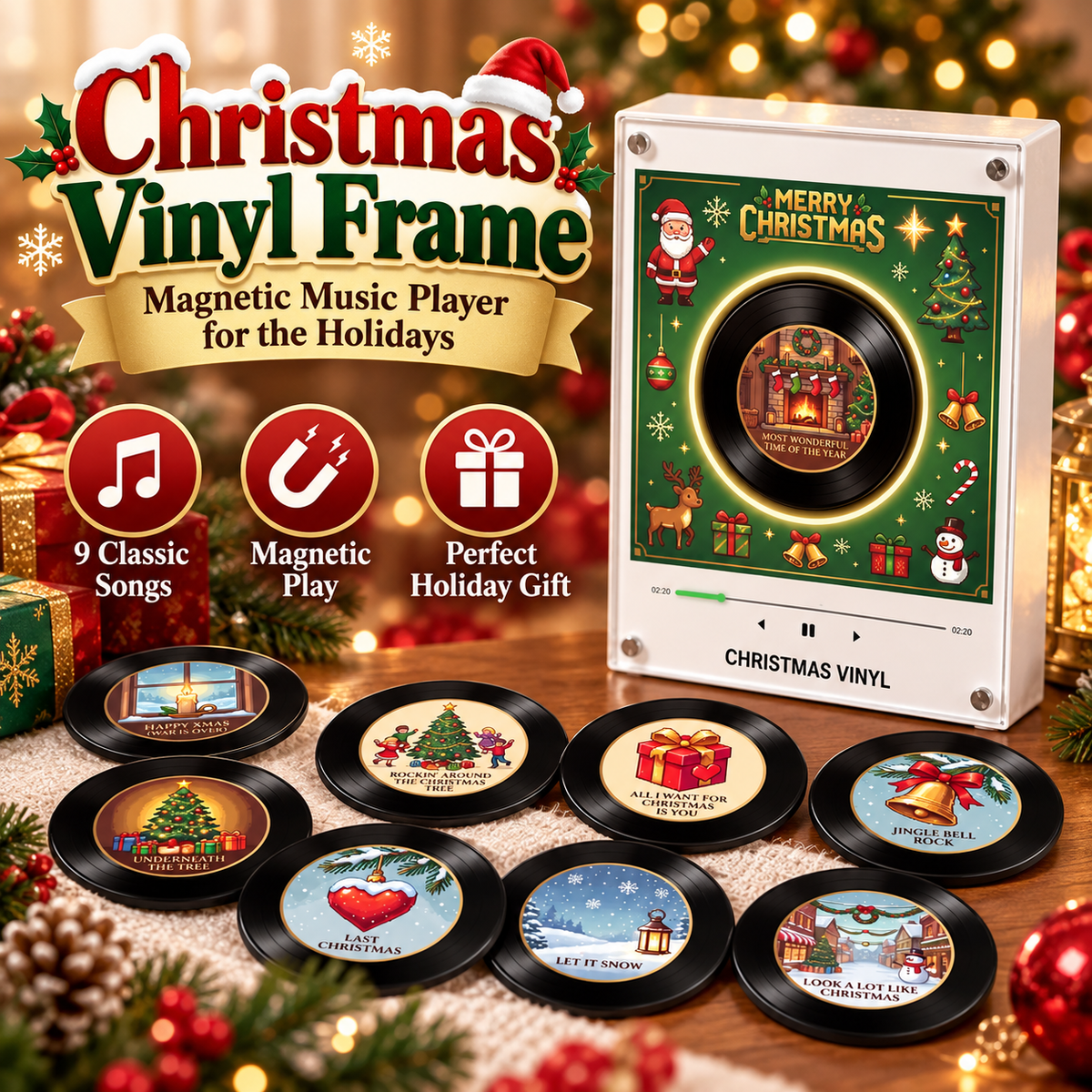 🎅Christmas Vinyl Fridge Music Player – Magnetic Holiday Speaker with 9 Song Discs