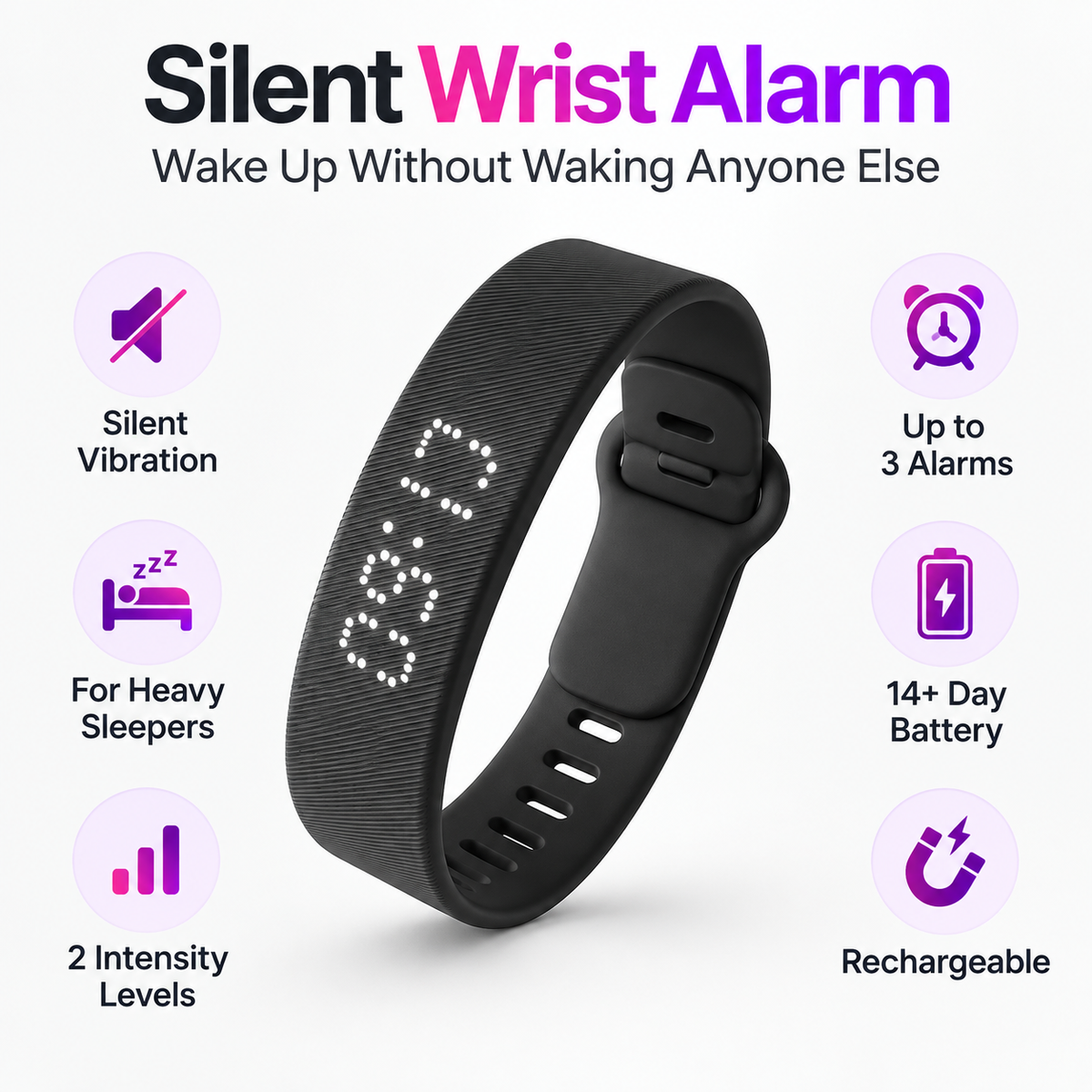 Silent Vibration Wrist Alarm – Wearable Wake-Up Alarm with 2 Vibration Levels, 3 Alarms & 14+ Day Battery