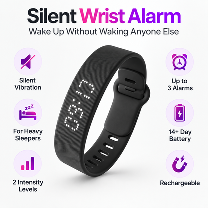 Silent Vibration Wrist Alarm – Wearable Wake-Up Alarm with 2 Vibration Levels, 3 Alarms & 14+ Day Battery