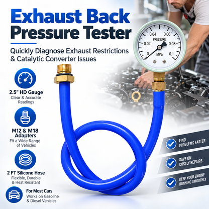 Exhaust Back Pressure Tester Kit – 2.5" Pressure Gauge with M12/M18 Adapters for Exhaust & Catalytic Converter Diagnostics