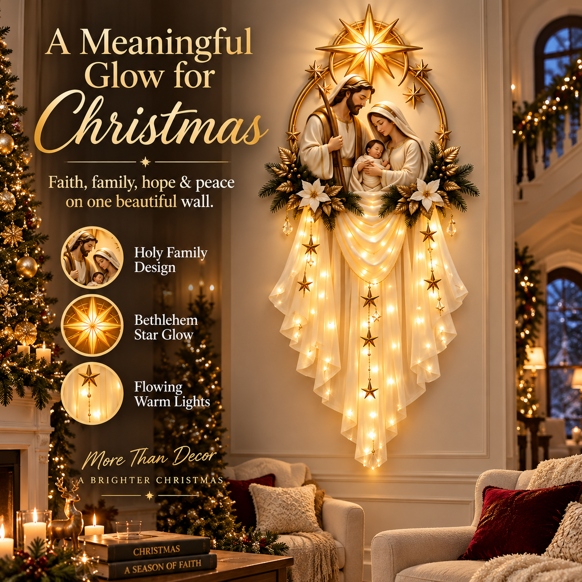 Holy Family Bethlehem Star Wall Light – Lighted Nativity Christmas Wall Decor