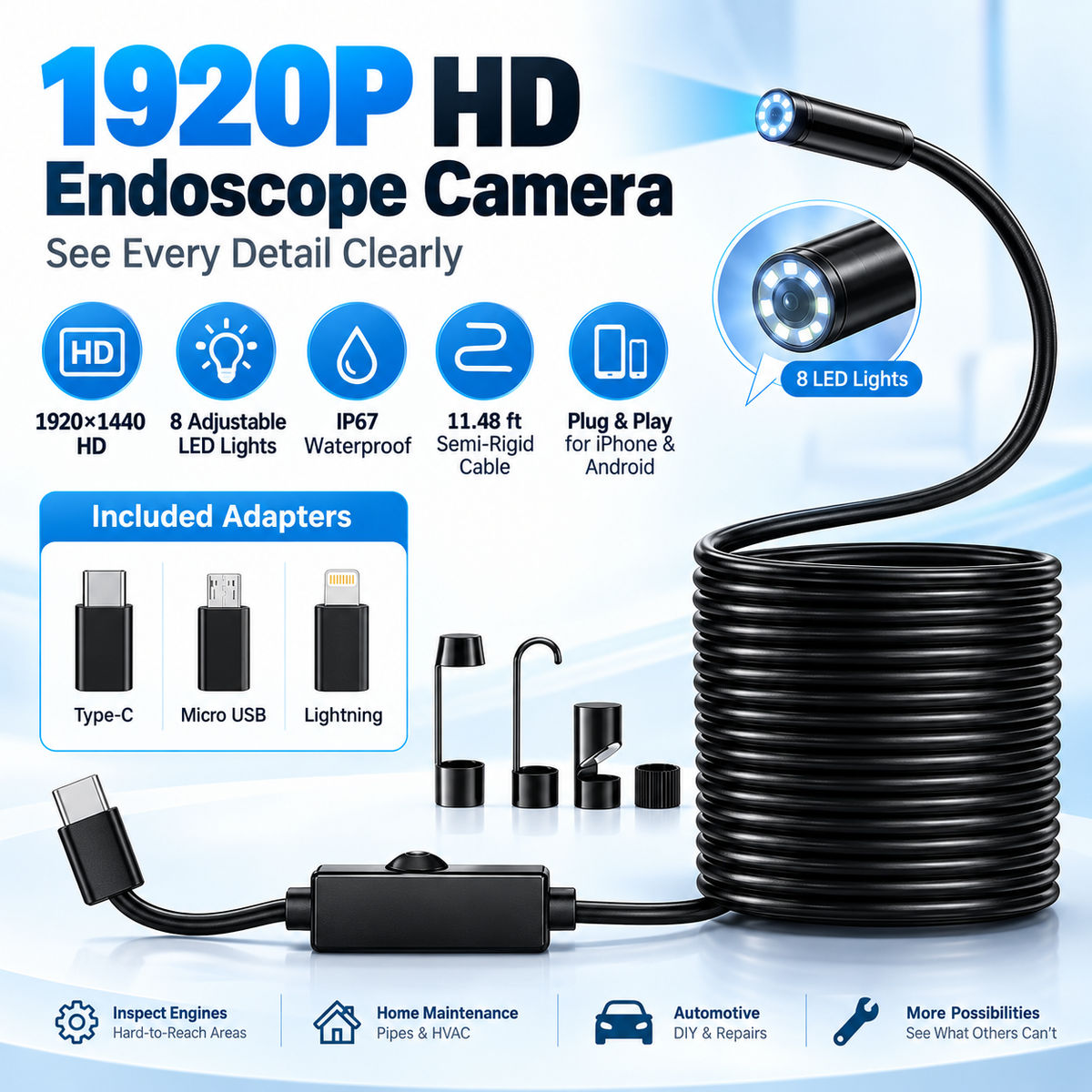 1920×1440 HD Endoscope Camera – 11.48FT Semi-Rigid Borescope with 8 LED Lights for iPhone & Android