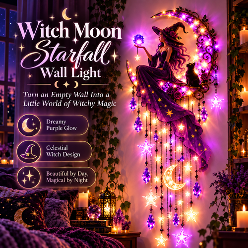 Witch Moon Starfall Wall Light – Purple Celestial Witch Decor with Crescent Moon, Stars & Crystal Accents
