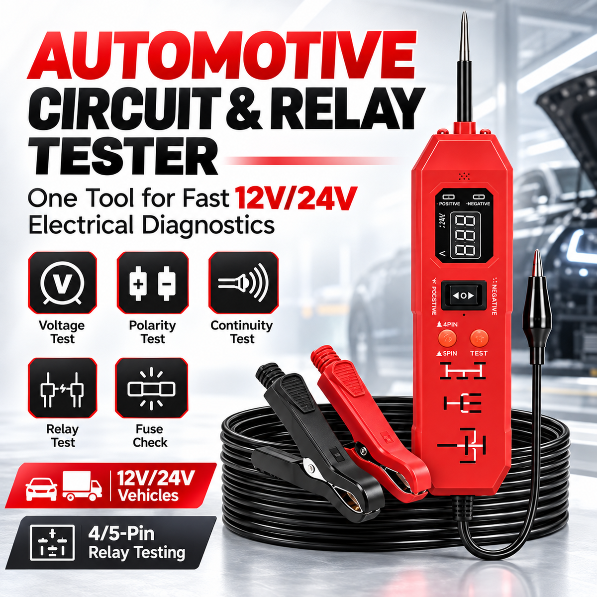 Automotive Circuit & Relay Tester – 12V/24V Electrical Diagnostic Power Probe with Voltage, Polarity, Continuity & Short-Circuit Testing