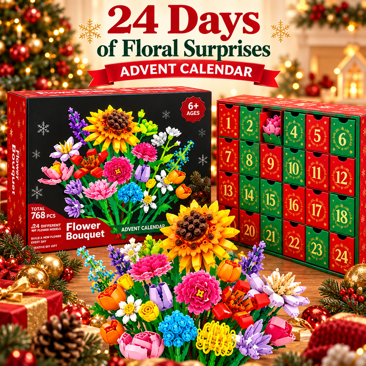 24-Day Flower Bouquet Building Blocks Advent Calendar – 24 Different Flowers Christmas Countdown Building Set