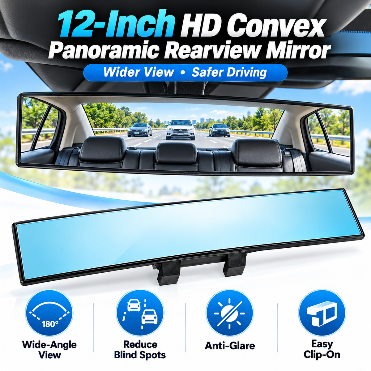 12-Inch HD Convex Panoramic Rearview Mirror – Clip-On Wide-Angle Car Mirror with Anti-Glare Glass & Anti-Slip Clips