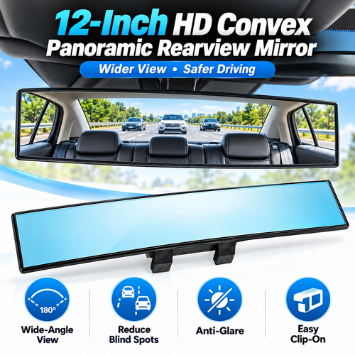 12-Inch HD Convex Panoramic Rearview Mirror – Clip-On Wide-Angle Car Mirror with Anti-Glare Glass & Anti-Slip Clips