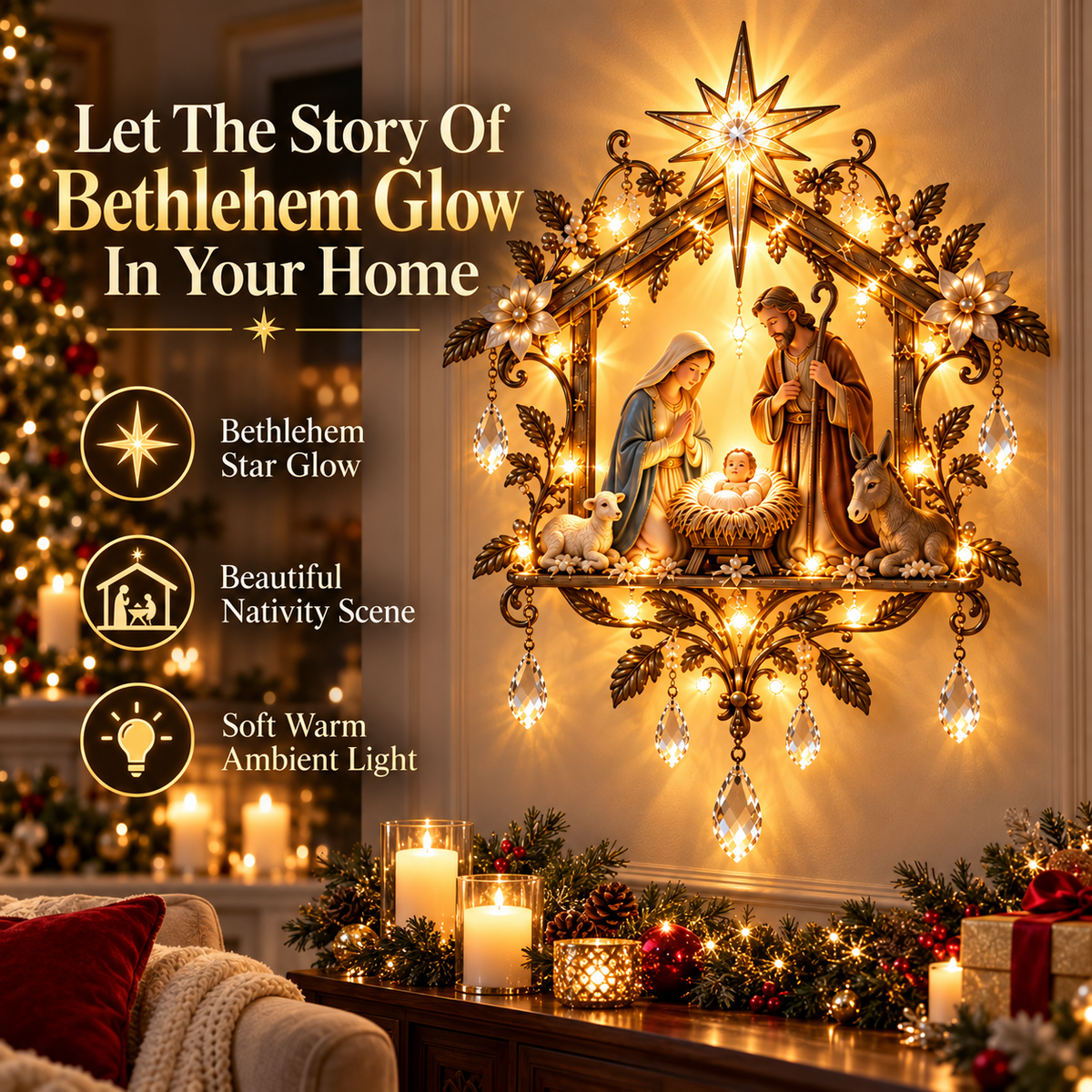 Bethlehem Nativity Glow Lighted Wall Decor – 3D Holy Family Christmas Wall Art with Warm Star Glow