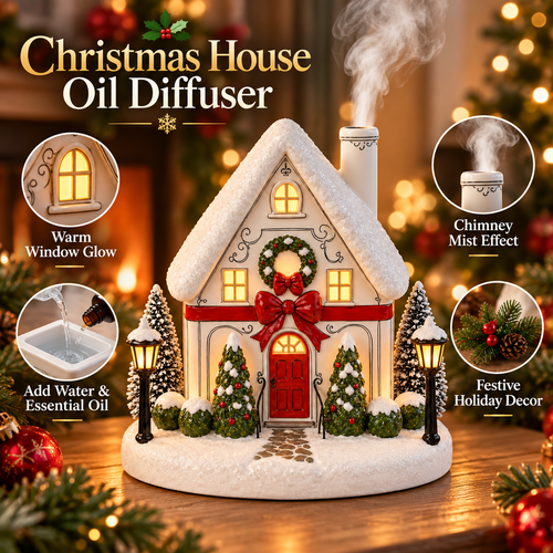 Christmas House Aroma Diffuser – Light-Up Holiday Humidifier with Chimney Mist & Warm Window Glow