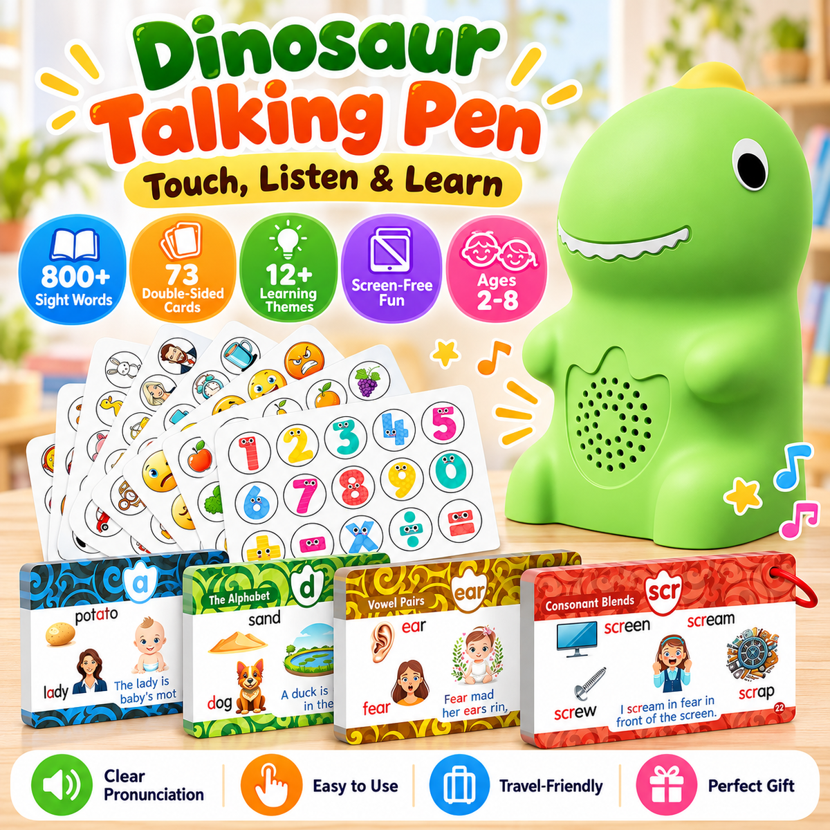 Dinosaur Talking Learning Pen with Phonics Cards – Screen-Free ABC, 123, Sight Words & Vocabulary Learning Toy for Kids