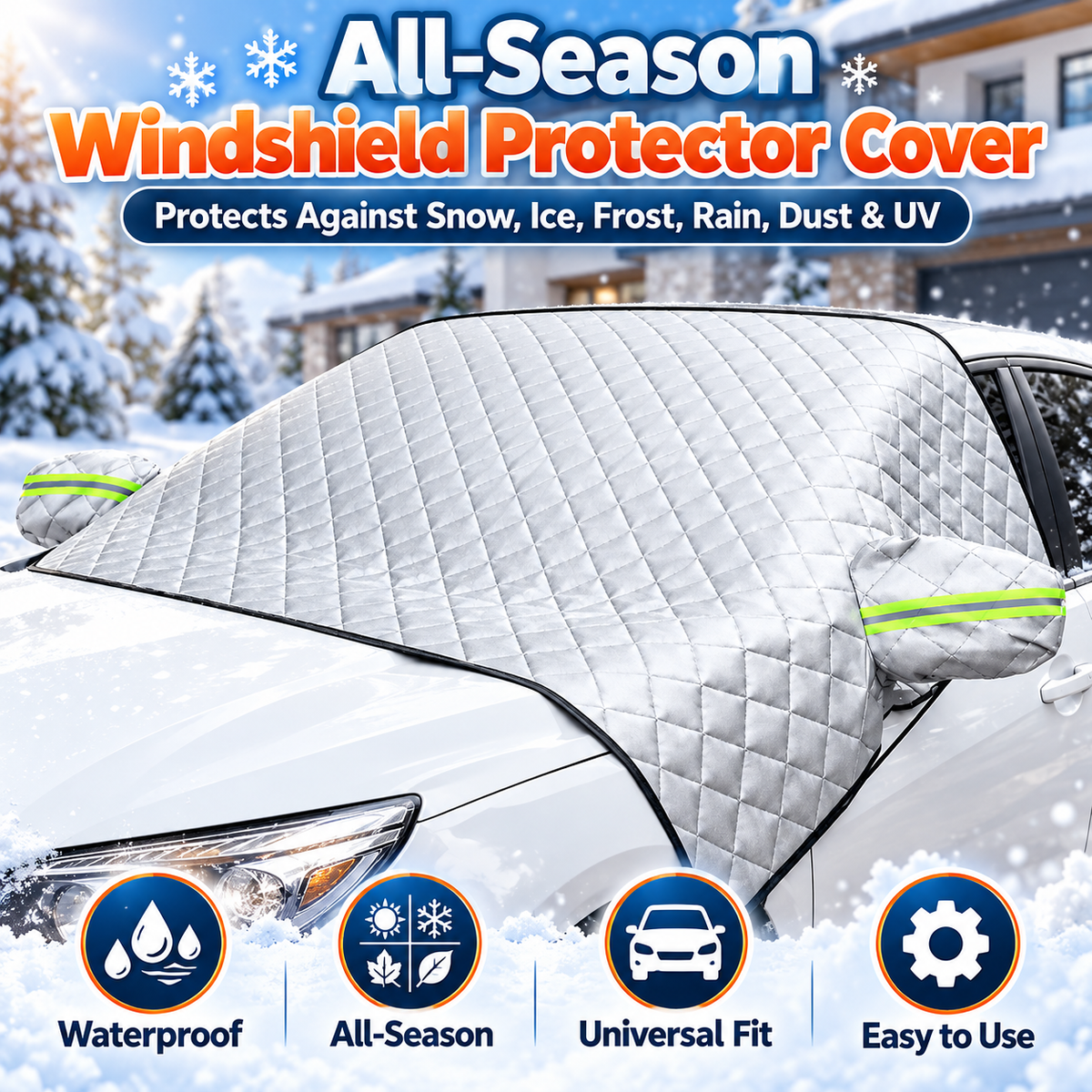 4-Layer Car Windshield Snow Cover – 63" × 46" Waterproof Frost & Ice Protector with Side Mirror Covers