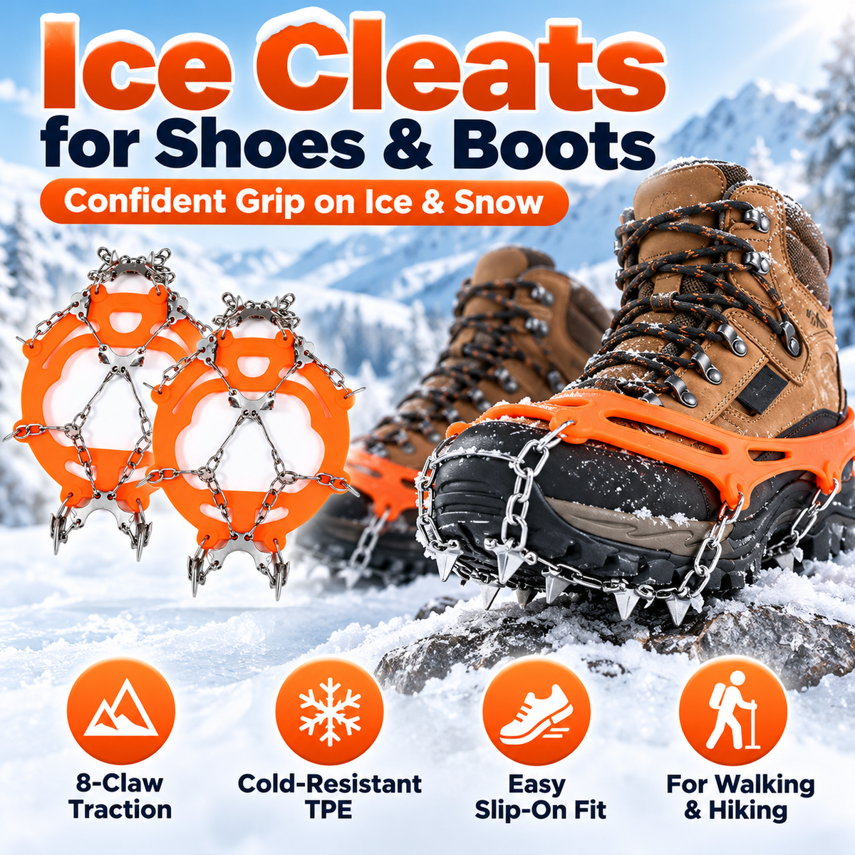 8-Spike Ice Cleats for Shoes & Boots – Stretch-Fit Anti-Slip Snow Grips for Winter Walking